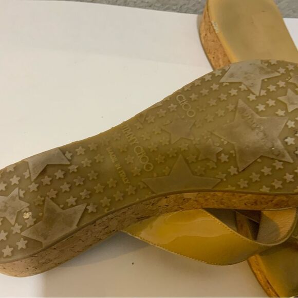 JIMMY CHOO AUTH $699 Women Beige Patent Leather Pence Thong Wedge Sandals Sz 37 - Picture 8 of 12